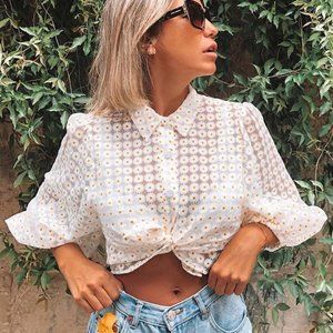 New Boho Daisy 70's Button Blouse Sheer Tie Top